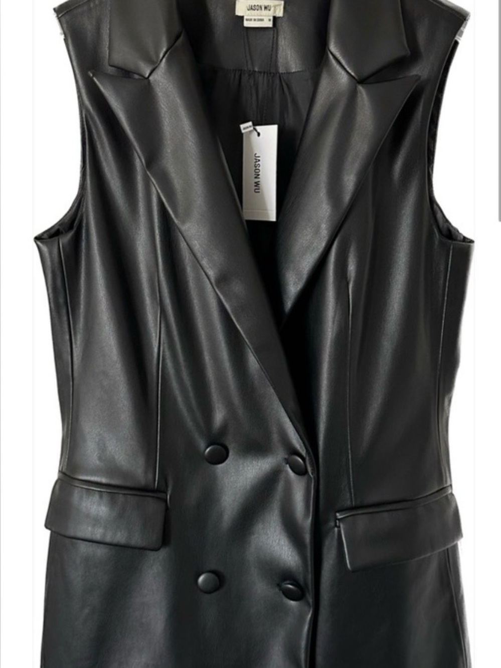 Jason Wu Black Faux Leather Double-Breasted Sleeveless Vest Retail $310